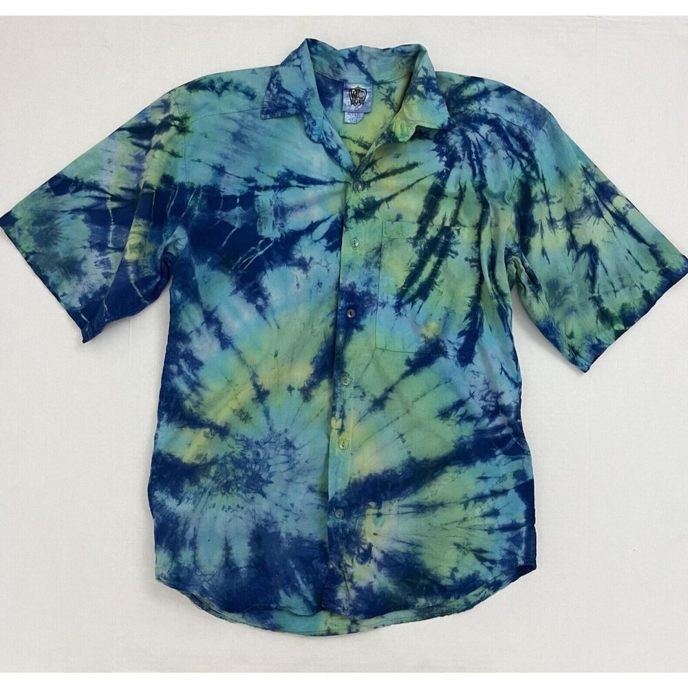 Vintage 90s World Beat Tie Dye Button Up Shirt Cotton Hippie Surf Men's S